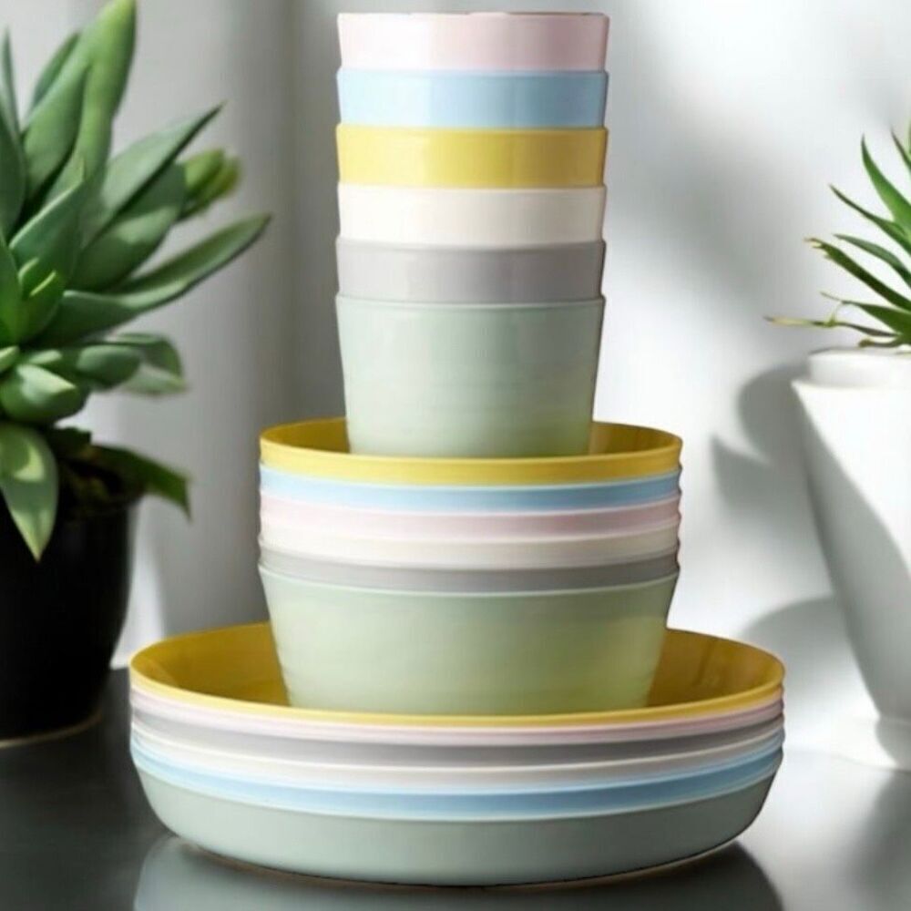 NWT Kalas 18 Pieces 6 plates 6 Bowls 6 Cups padytel colors kids dining set.
